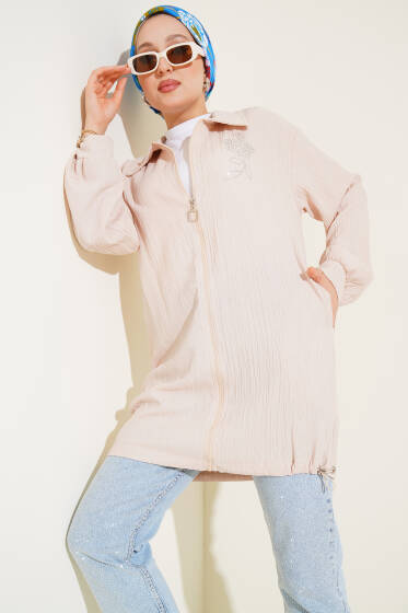 Çiçek Taşlı Ağaç Kabuğu Bej - Dış Giyim&Mont