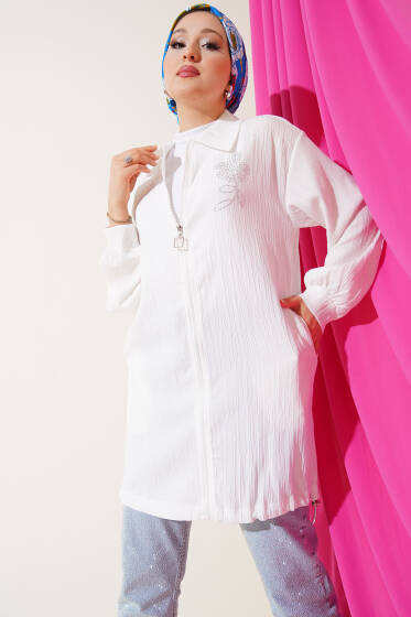 Çiçek Taşlı Ağaç Kabuğu Kap Beyaz - Dış Giyim&Mont