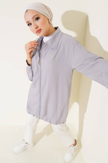 Çiçek Taşlı Ağaç Kabuğu Kap Gri - Dış Giyim&Mont