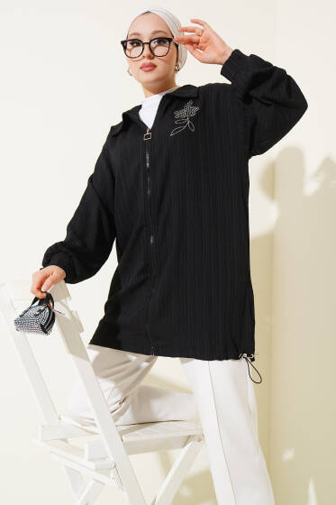 Çiçek Taşlı Ağaç Kabuğu Kap Siyah - Dış Giyim&Mont