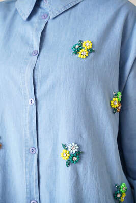 Çiçek Taşlı Boncuklu Gömlek Kot Mavisi - Thumbnail