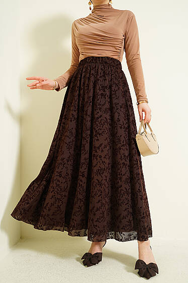 Çiçek Tüllü Kloş Etek Kahve - Etek