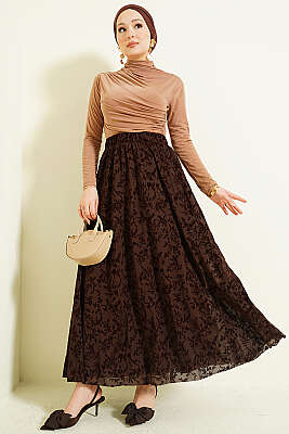 Çiçek Tüllü Kloş Etek Kahve - Etek