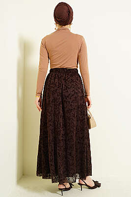 Çiçek Tüllü Kloş Etek Kahve - Etek