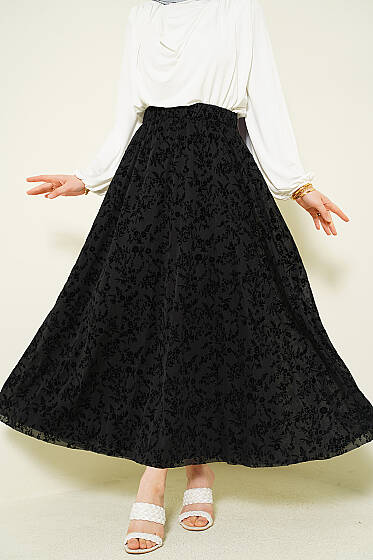 Çiçek Tüllü Kloş Etek Siyah - Etek