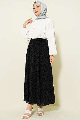 Çiçek Tüllü Kloş Etek Siyah - Etek