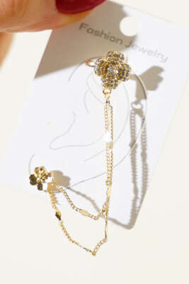 Çiçek Zincirli Kıkırdak Küpe Gold - Küpe