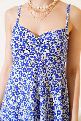 Çiçekli Askılı Salaş Elbise Saks - Kadın Giyim Modelleri