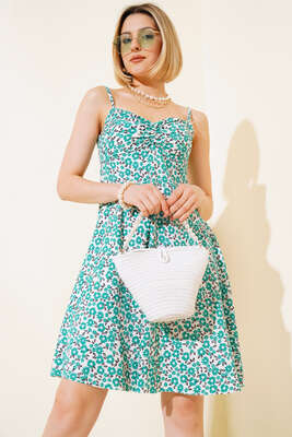 Çiçekli Askılı Salaş Elbise Yeşil - Kadın Giyim Modelleri