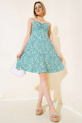 Çiçekli Askılı Salaş Elbise Yeşil - Kadın Giyim Modelleri