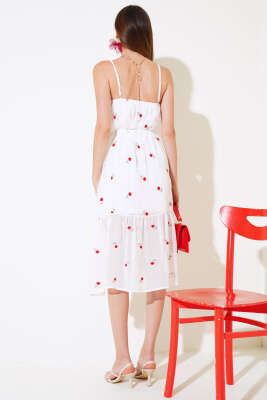 Çiçekli Askılı Şifon Elbise Ekru Kırmızı - Kadın Giyim Modelleri