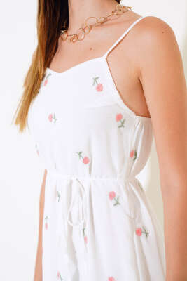 Çiçekli Askılı Şifon Elbise Ekru Pudra - Kadın Giyim Modelleri