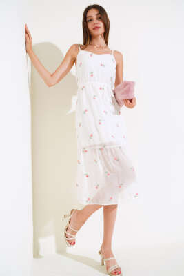 Çiçekli Askılı Şifon Elbise Ekru Pudra - Kadın Giyim Modelleri