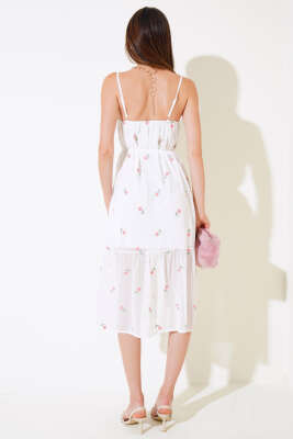 Çiçekli Askılı Şifon Elbise Ekru Pudra - Kadın Giyim Modelleri