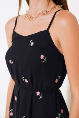 Çiçekli Askılı Şifon Elbise Siyah Pudra - Kadın Giyim Modelleri