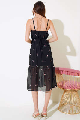 Çiçekli Askılı Şifon Elbise Siyah Pudra - Kadın Giyim Modelleri