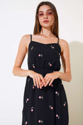 Çiçekli Askılı Şifon Elbise Siyah Pudra - Kadın Giyim Modelleri