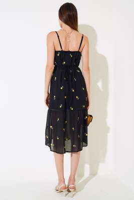 Çiçekli Askılı Şifon Elbise Siyah Sarı - Kadın Giyim Modelleri