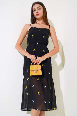 Çiçekli Askılı Şifon Elbise Siyah Sarı - Kadın Giyim Modelleri