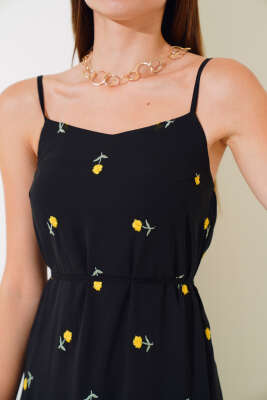 Çiçekli Askılı Şifon Elbise Siyah Sarı - Kadın Giyim Modelleri