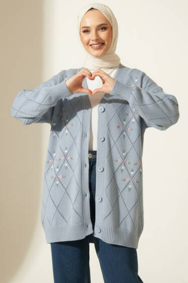 Çiçekli Baklava Desenli Triko Hırka Bebe Mavi - Hırka