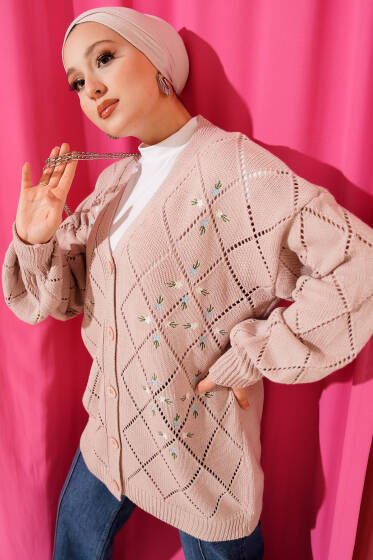 Çiçekli Baklava Desenli Triko Hırka Pudra - Hırka
