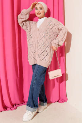 Çiçekli Baklava Desenli Triko Hırka Pudra - Hırka