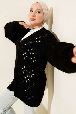 Çiçekli Baklava Desenli Triko Hırka Siyah 