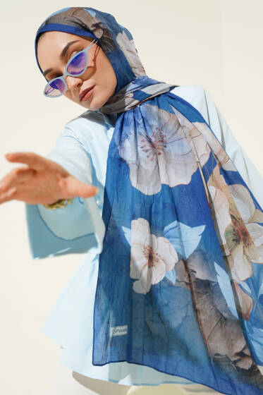 Çiçekli Bambu Kraş Şal Lacivert - Başörtüsü