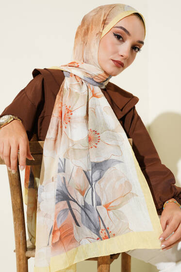 Çiçekli Bambu Kraş Şal Sarı - Başörtüsü