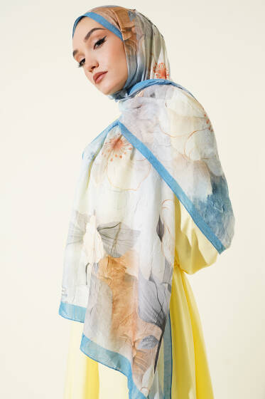 Çiçekli Bambu Kraş Şal Soft Mavi - Başörtüsü