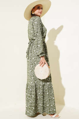 Çiçekli Bel Lastikli Bürümcük Elbise Haki - Tesettür Elbise