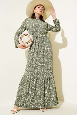 Çiçekli Bel Lastikli Bürümcük Elbise Haki - Tesettür Elbise