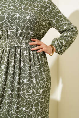 Çiçekli Bel Lastikli Bürümcük Elbise Haki - Tesettür Elbise