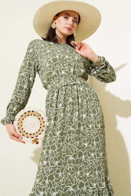 Çiçekli Bel Lastikli Bürümcük Elbise Haki - Tesettür Elbise