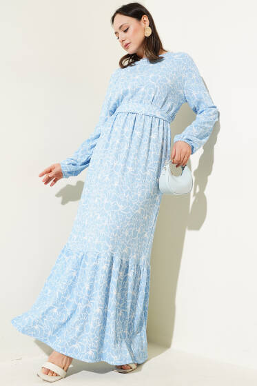 Çiçekli Bel Lastikli Bürümcük Elbise Mavi - Elbise