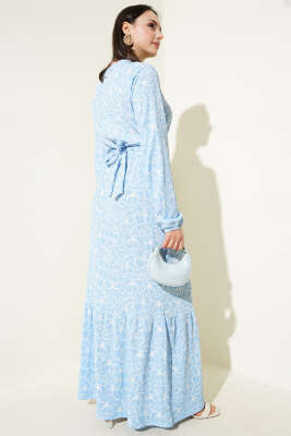 Çiçekli Bel Lastikli Bürümcük Elbise Mavi - Tesettür Elbise