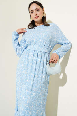 Çiçekli Bel Lastikli Bürümcük Elbise Mavi - Tesettür Elbise