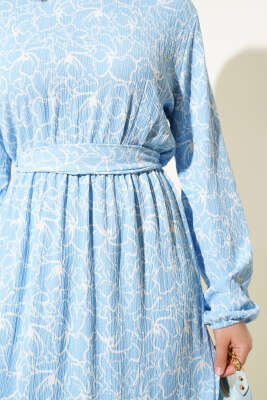 Çiçekli Bel Lastikli Bürümcük Elbise Mavi - Tesettür Elbise