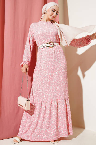 Çiçekli Bel Lastikli Bürümcük Elbise Pudra - Elbise