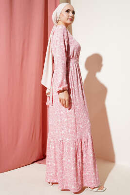 Çiçekli Bel Lastikli Bürümcük Elbise Pudra - Tesettür Elbise
