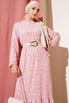 Çiçekli Bel Lastikli Bürümcük Elbise Pudra - Tesettür Elbise