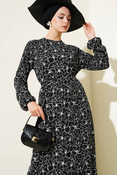 Çiçekli Bel Lastikli Bürümcük Elbise Siyah - Elbise