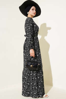 Çiçekli Bel Lastikli Bürümcük Elbise Siyah - Tesettür Elbise