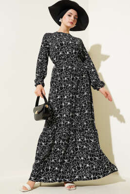 Çiçekli Bel Lastikli Bürümcük Elbise Siyah - Tesettür Elbise