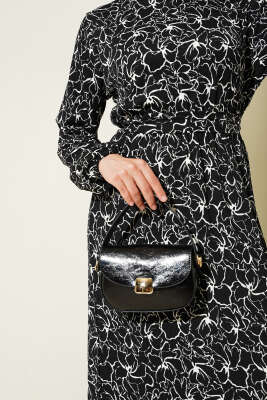 Çiçekli Bel Lastikli Bürümcük Elbise Siyah - Tesettür Elbise