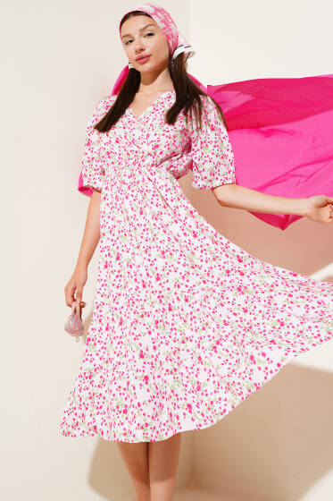 Çiçekli Bel Lastikli Kısa Kol Elbise Pembe - Kadın Giyim Modelleri