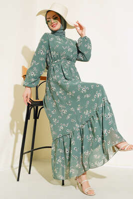 Çiçekli Bel Lastikli Şifon Elbise Çağla Yeşili - Thumbnail