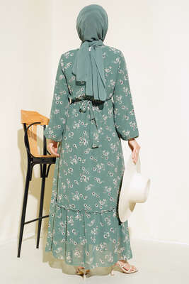 Çiçekli Bel Lastikli Şifon Elbise Çağla Yeşili - Thumbnail
