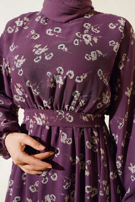 Çiçekli Bel Lastikli Şifon Elbise Magenta - Thumbnail